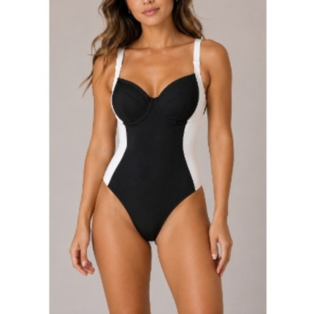 TA3 Women's Black White Adjustable Straps Lifty Contour Swimsuit Size L NWT